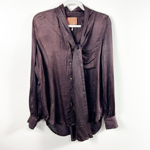 Free People Tops - Free People New Romantics Artisan Brown Maroon Dot Silk Blend Blouse Tie Small